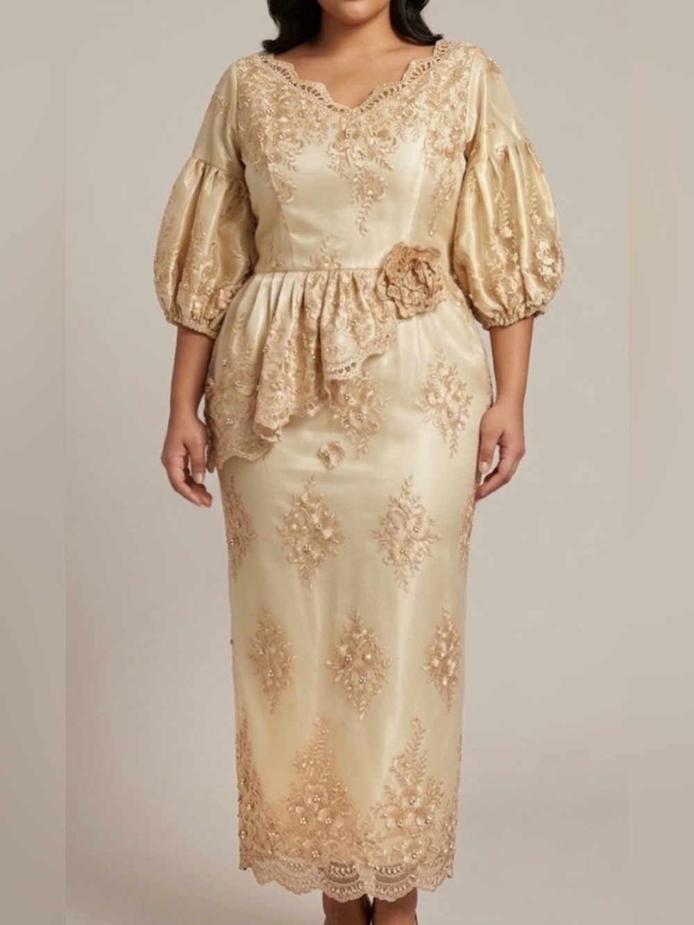 Gold & Pearl Embroidered Lace Formal Gown Vtg Dress L